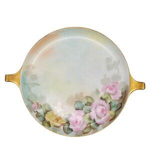 Antique Hand-Painted Porcelain Mini Tray Plate Pink Roses Gold Handles